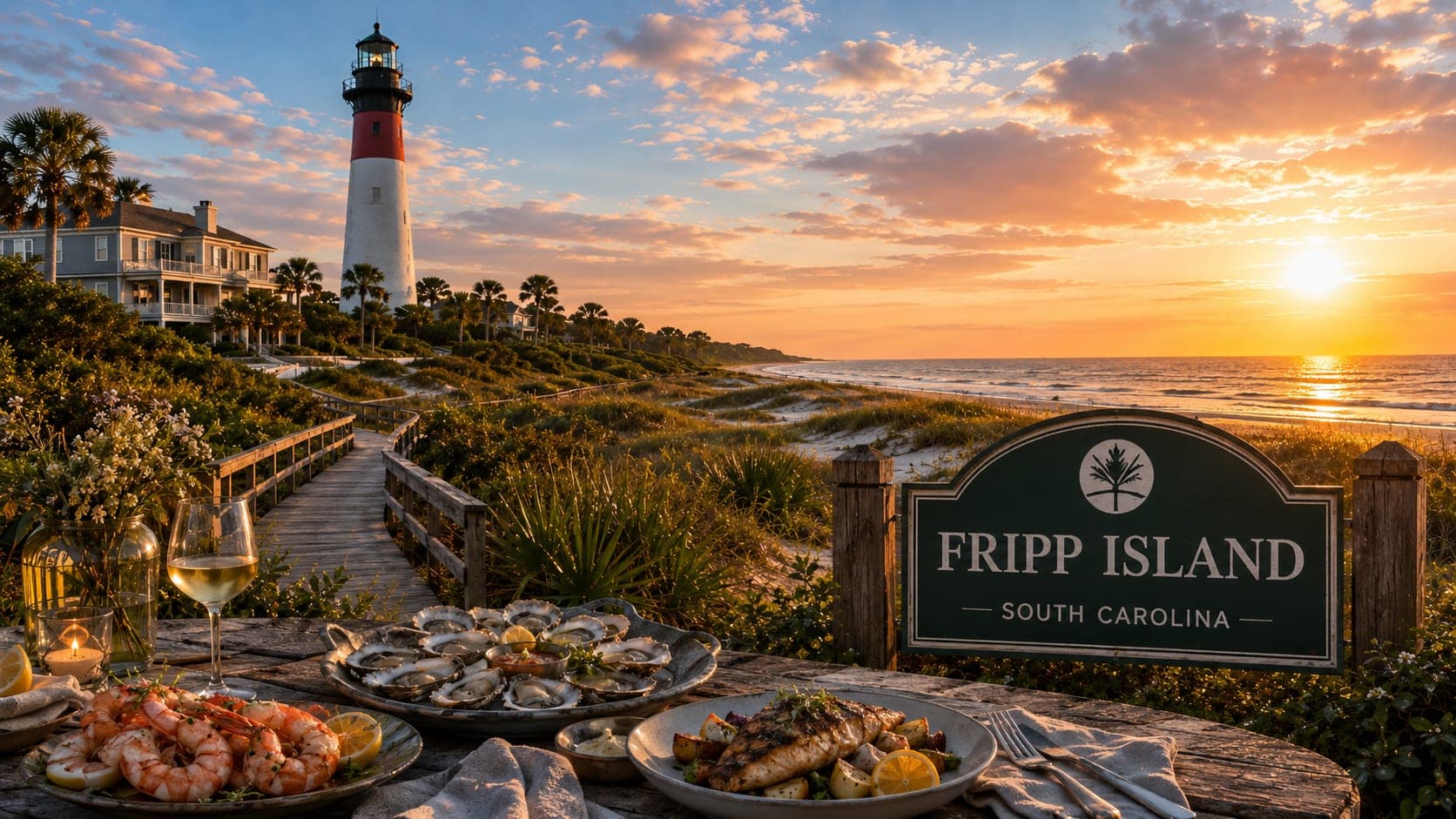 Golden-hour dinner spread overlooking the Fripp Island lighthouse, Beaufort, South Carolina